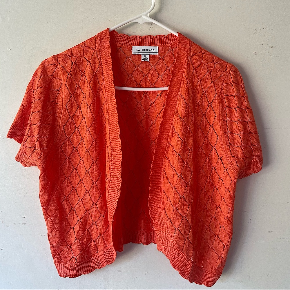 Orange Open Front Shrug Style Knit Cardigan Sweater Womens Size M
